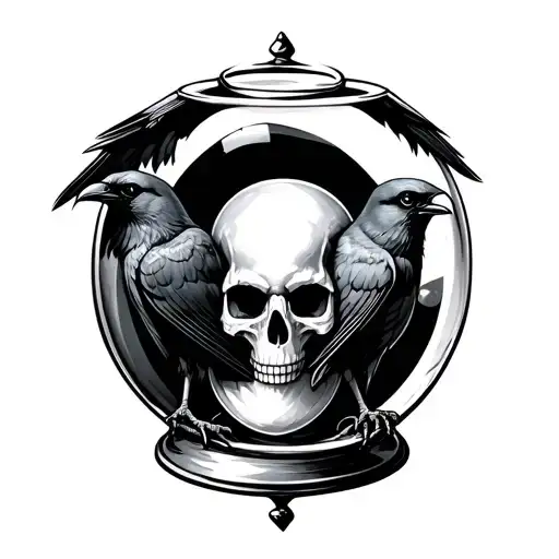 Hourglas With Skull Inside And Two Crows Looking Ahead