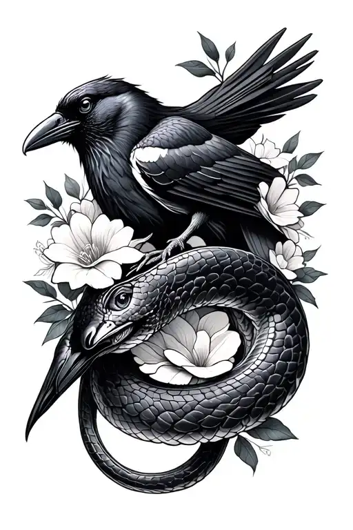 A Snake Wrapped Around A Crow With Flowers Around It
