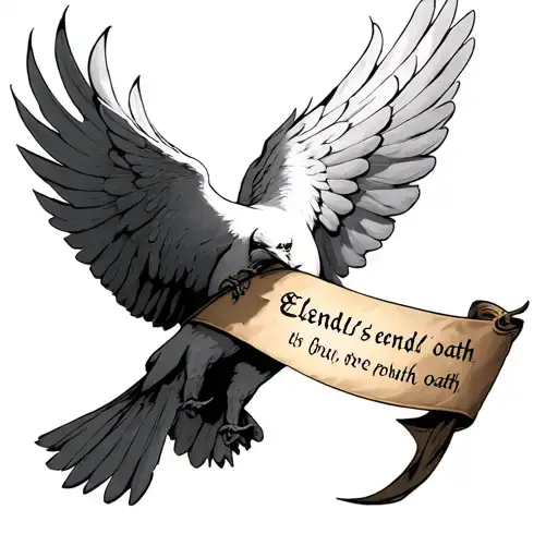 Dove Carrying A Banner With Elendil's Oath Written On It