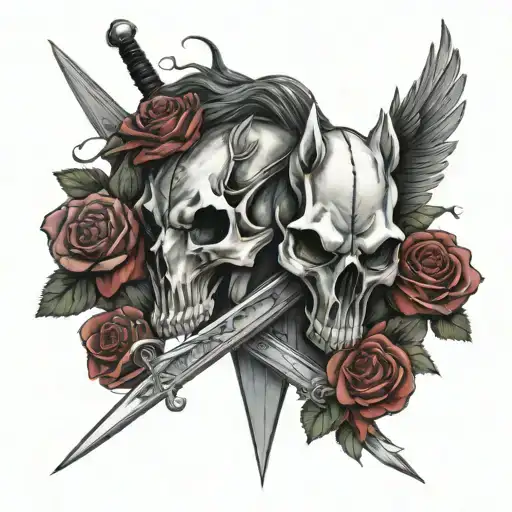 Horse Skull And Roses With Large Swords Crossing Eachother