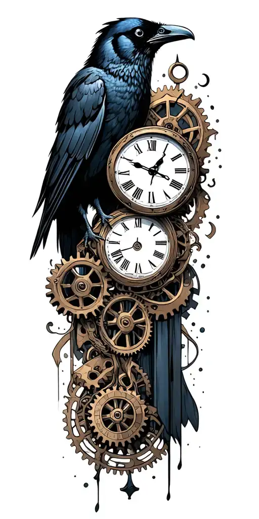 Crow Perched Clock Face And Gears Under And Around