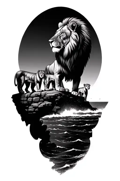 Lion With 3 Cubs On Cliff Overlooking The Sea