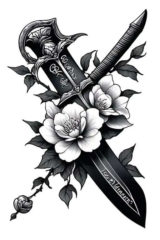 Sword With The Words Love And Wrath And A Cherry Blossom On The Bottom Of The Handle