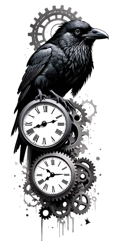 Realistic Crow Perched Clock Face And Gears Under And Around