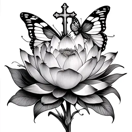 Lotus Flower With More Flowers Butterfly And A Cross