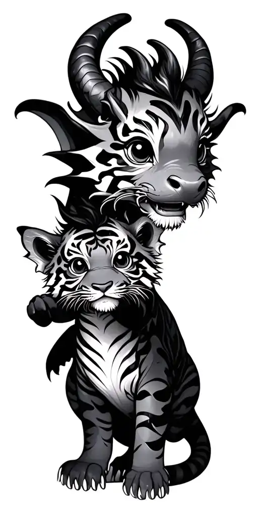 Cute Baby Dragon With A Tiger Cub Playing