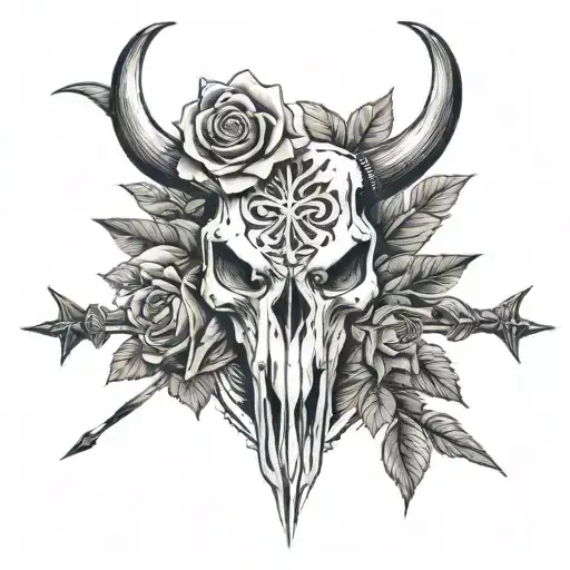 Bull Skull And Roses With Crossed Arrows