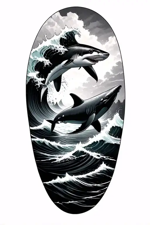 Tattoo Of Wave With Shark And Beluga Whale Swimming Underneath