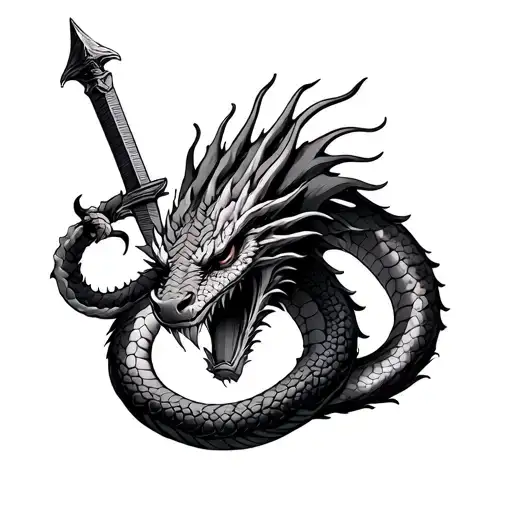 Dragon Surrounding A Blade With A Snake On It