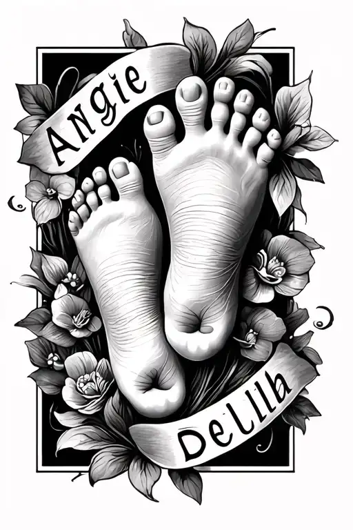 Tattoo Ideas With Names Angie And Delilah With 3 Sets Of Small Baby Feet Going Around The Names