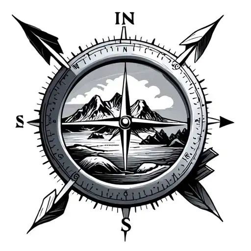 Nautical Compass With Arrows And Mountain Landscape