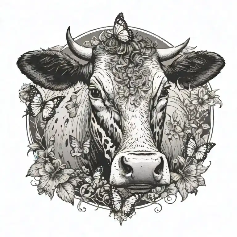 A Cow With A Couple Of Butterflies Around It