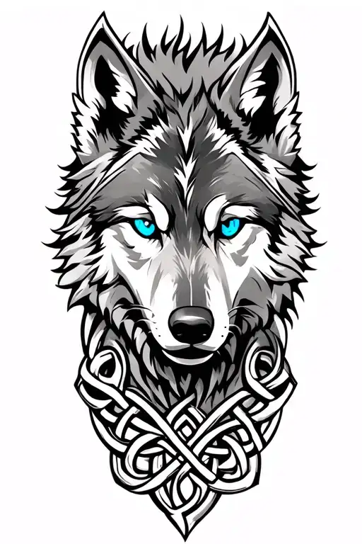 Wolf With Blue Eyes On Armor Tattoo Design Featuring Celtic Trinity Knot