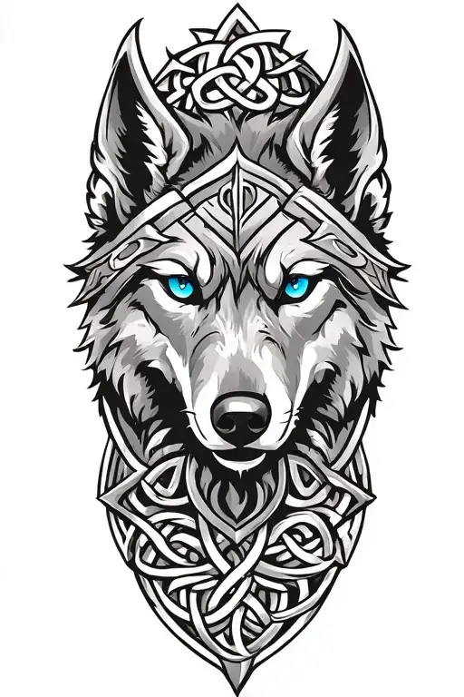 Wolf With Blue Eyes On Armor Tattoo Design Featuring Celtic Trinity Knot
