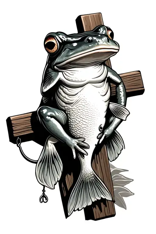 Frog Sitting On A Cross And Bass Fish Hooked On Fishing Line