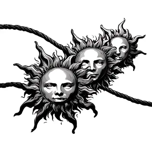 3 Stick Suns Connected With A Cord Of 3 Ropes In A Line