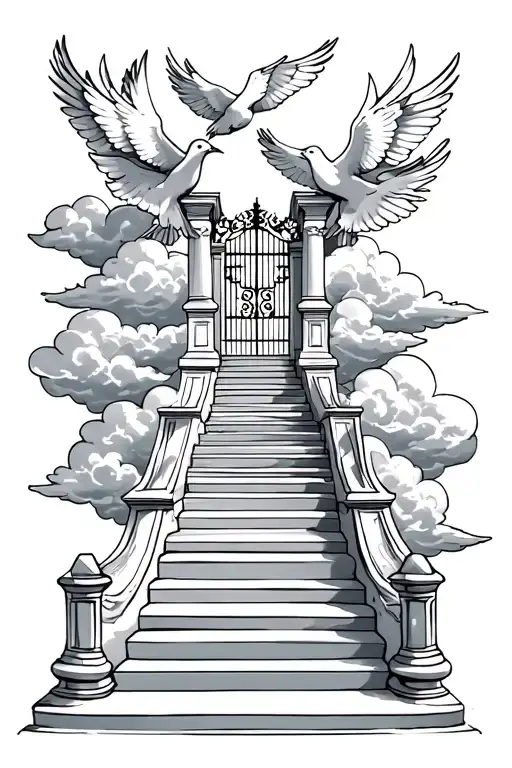 Stairs To Heaven With Doves And Clouds With A Gate