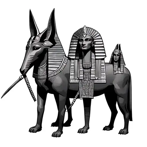 Pharoh With Anubis And Horus Standing Behind It Looking