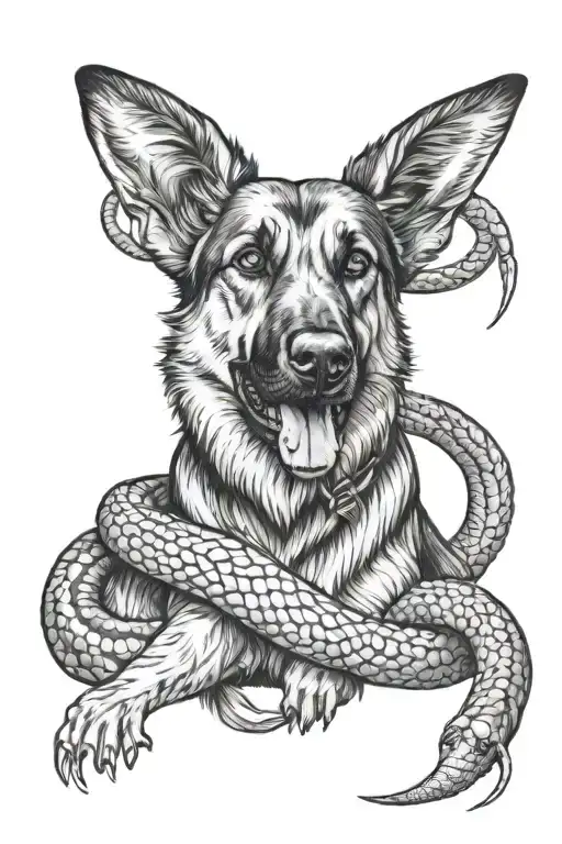 German Shepherd Fighting Dimandback Rattle Snake Intertwinded