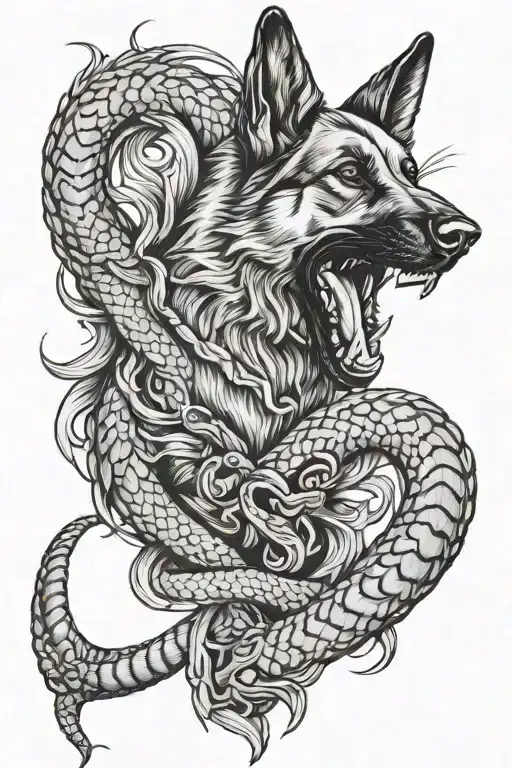 German Shepherd Fighting Dimandback Rattle Snake Intertwinded