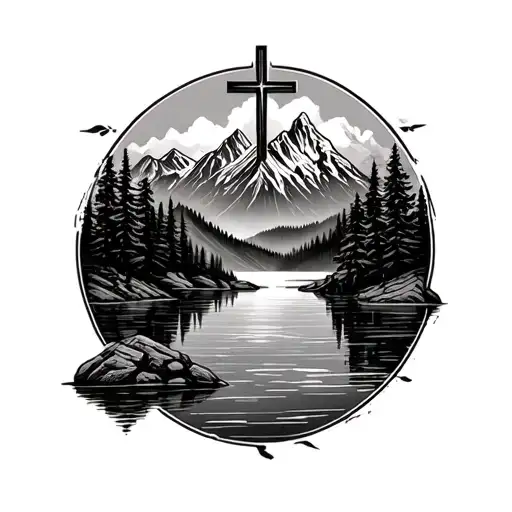 Lake With Mountains And A Cross