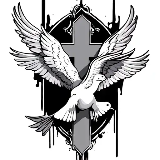 Cross With Angle Wings With Doves Flying