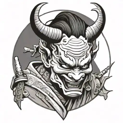 Hannya Oni Wearing A Broken Mask Of A Geisha Holding A Katana