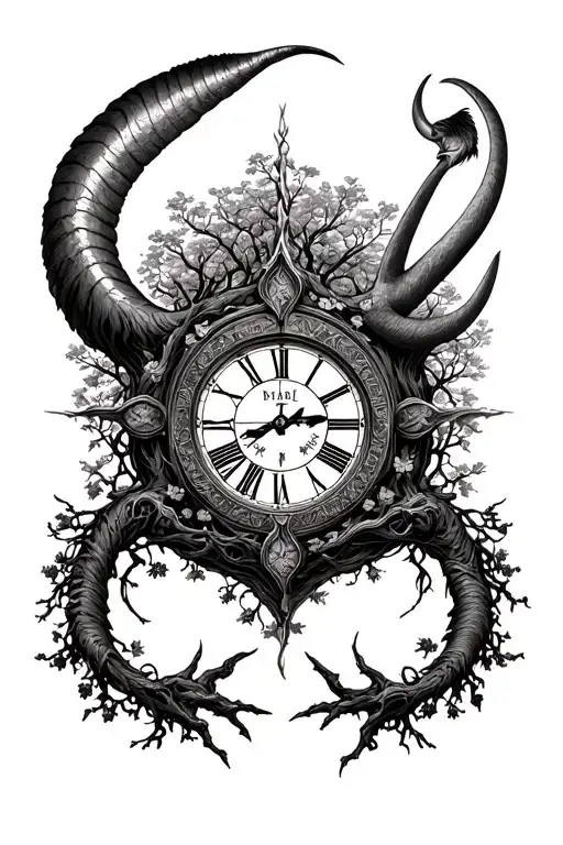 Capricorn And Aries Signs Tatoo With A Tree Of Life And Clock Surrounded