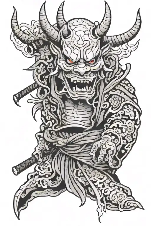 Hannya Oni Wearing A Broken Mask Of A Geisha Holding A Katana