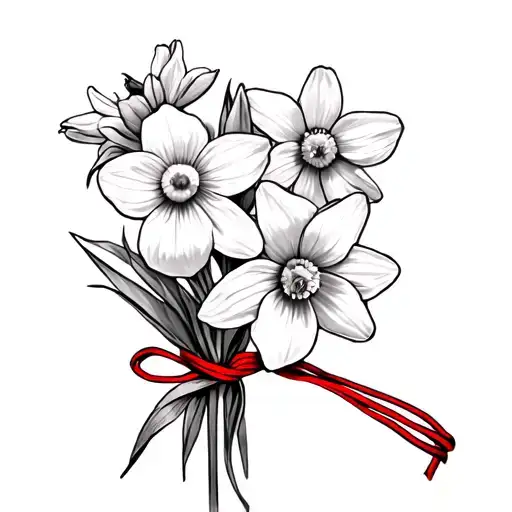 Daffodil And Cosmos Flowers Tied Toghether With A Red String