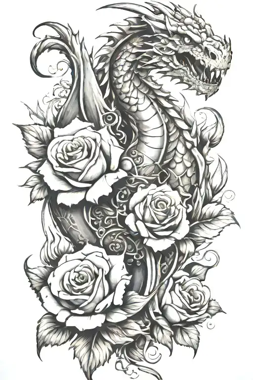 Video Game Inspired Tattoo Featuring Dragons And Roses