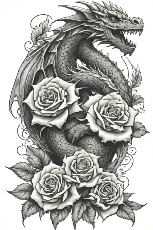 Realistic Tattoo Featuring Feminine Dragons And Roses