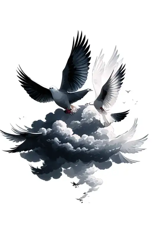 Shaded Clouds With Fading Doves Flying Away