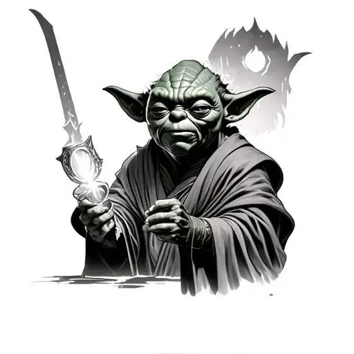 Master Yoda Got The One Ring And The Background Appears The Balrog Who Wants To Get It Back