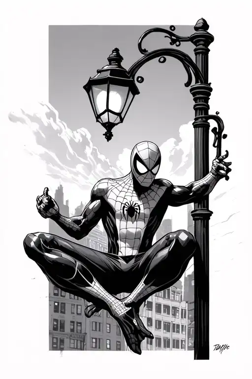 Spider Man In His Symbiot Soup Perched On A Lamp Post