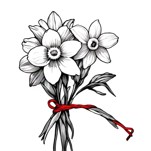 Daffodil And Cosmos Flowers Tied Toghether With A Red String