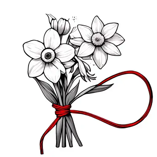 Daffodil And Cosmos Flowers Tied Toghether With A Red String