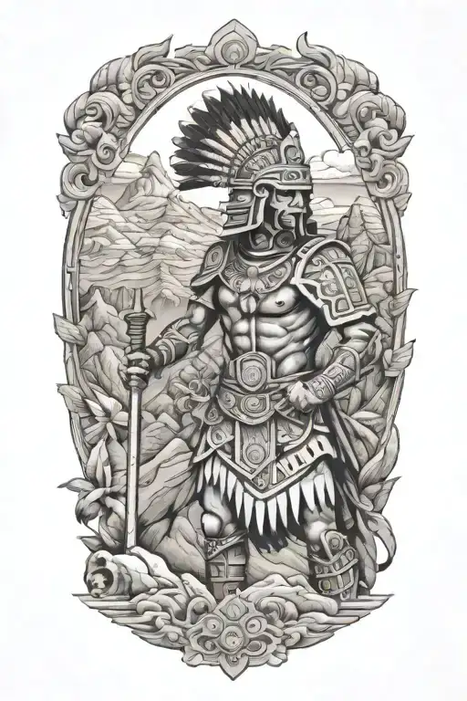 Historical Aztec Warrior In A Mountain Landscape