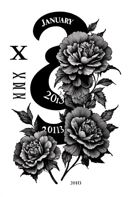 Tattoo With January 8 2013 In Roman Numerals On The Side And Carnation Flowers Everywhere