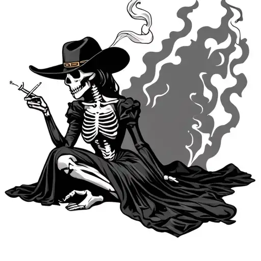 Skeleton Lady With A Gown And Cowboy Hat Smoking A Cigarette