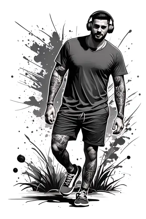 Man In Shorts And Tee Shirt With Headphones Walking