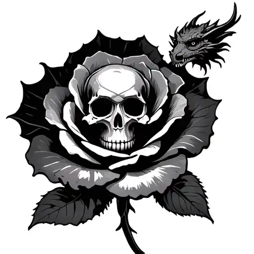 Rose With A Small Skull In The Center And A Dragon As The Stem
