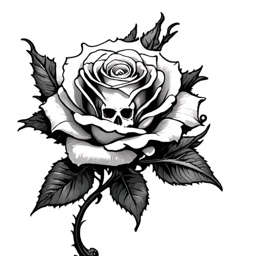 Rose With A Tiny Skull In The Center And A Dragon As The Stem