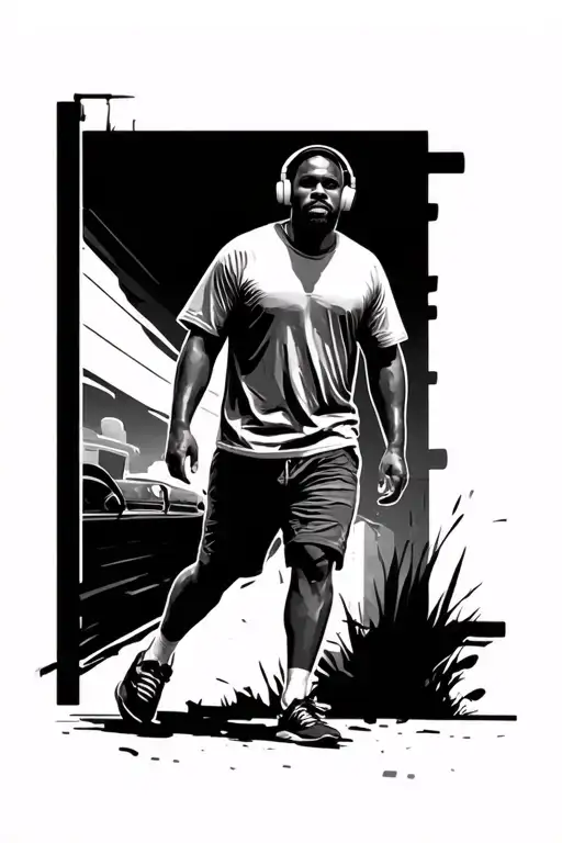 Man In Shorts And Tee Shirt With Headphones Walking Away 95 On