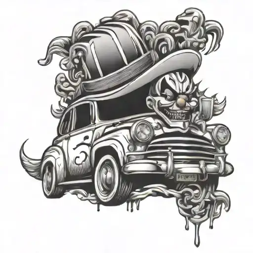 A Dropped Car With Chicano Style Clown Designs On The Hood