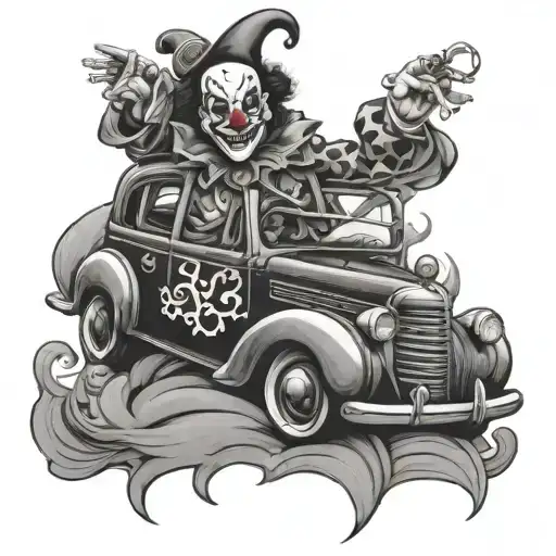A Dropped Car With Chicano Style Clown Designs On The Hood