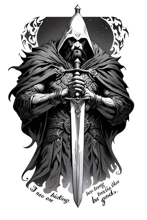 Azrael Arkham Night Holding His Sword Tattoo With I Do No One Bidding But Gods Quote