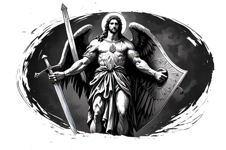 St Micheal Standing Facing Front With A Sword And A Shield