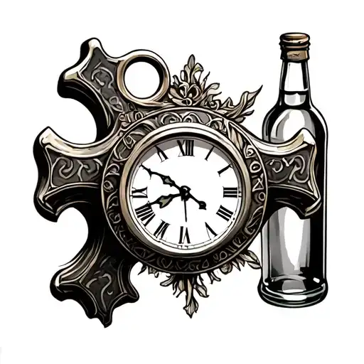 Cross With Brass Knuckles And Clock And Liquor Bottle