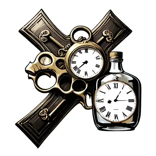 Cross With Brass Knuckles And Clock And Liquor Bottle